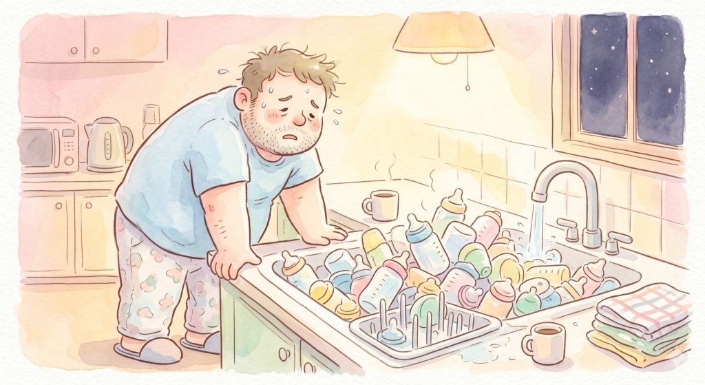 哺乳瓶の洗浄に疲れたパパ